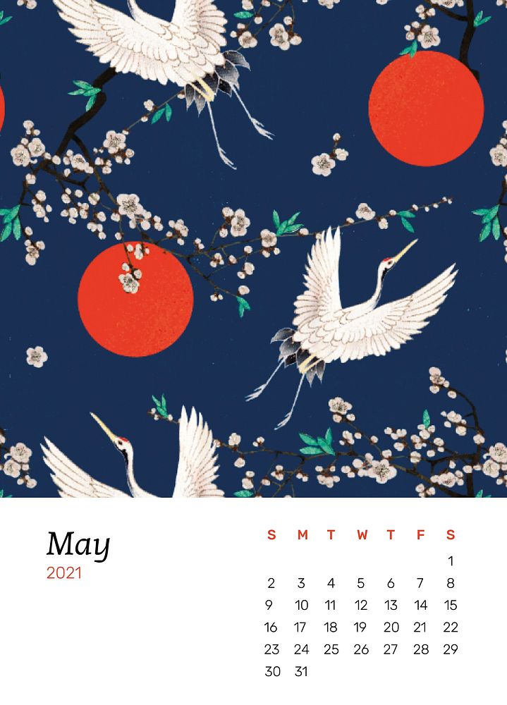 May 2021 calendar printable psd with Japanese crane and sakura artwork remix from original print by Watanabe Seitei