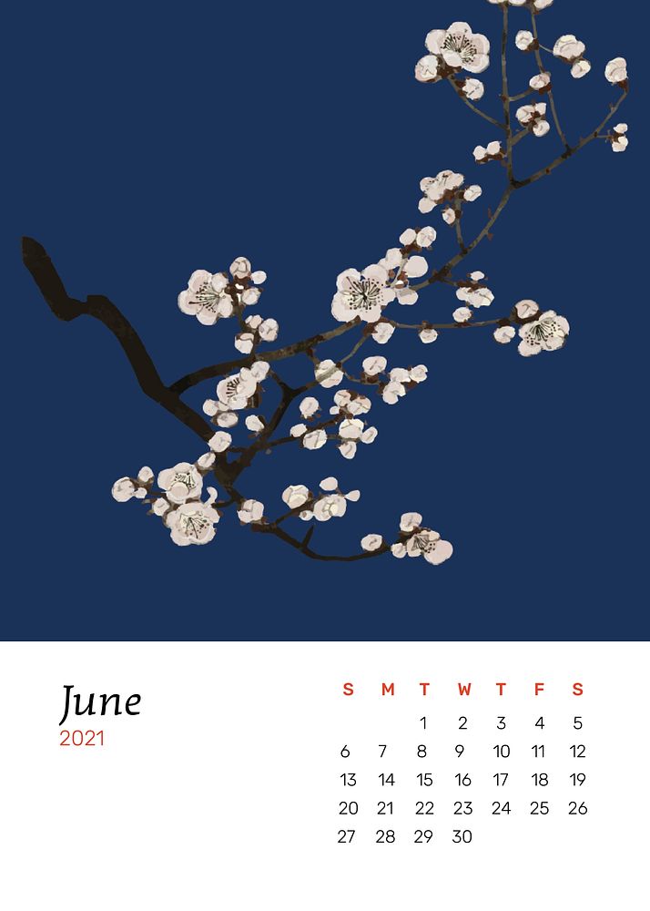 June 2021 calendar printable with Japanese plum blossom artwork remix from original print by Watanabe Seitei
