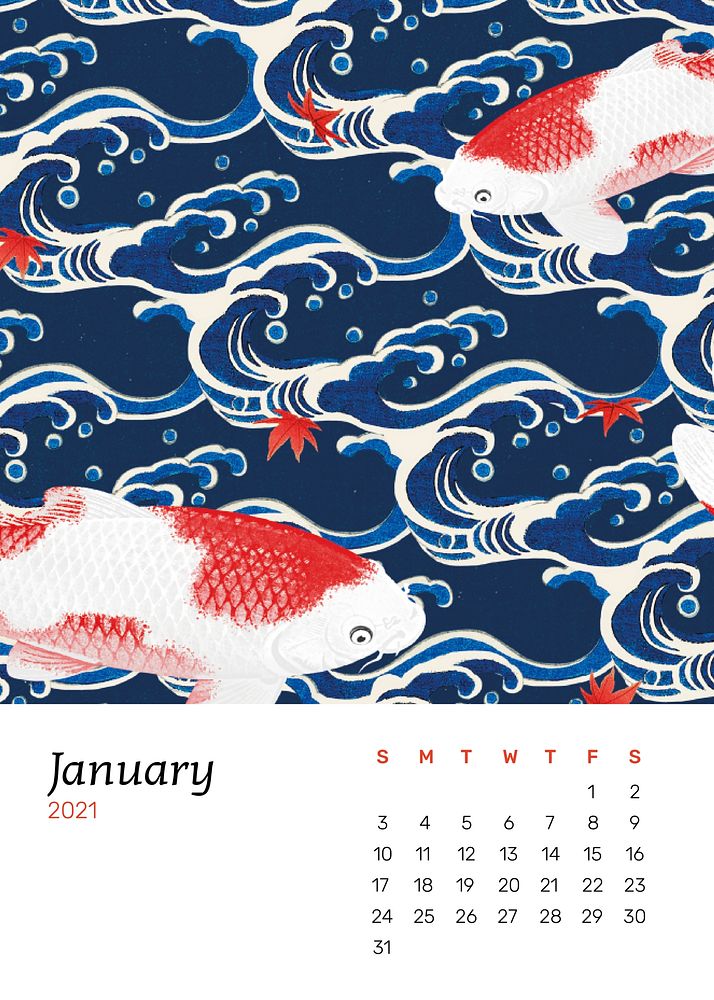January 2021 calendar printable with Japanese wave and koi fish artwork remix from original print by Watanabe Seitei