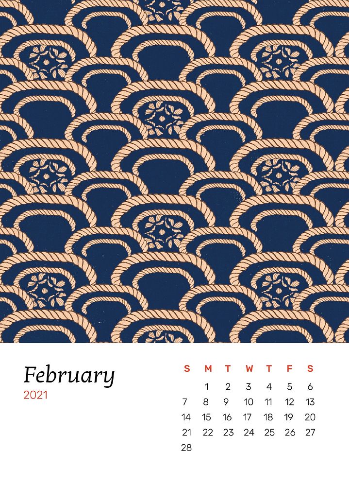 February 2021 calendar printable psd with traditional Japanese pattern remix artwork by Watanabe Seitei 