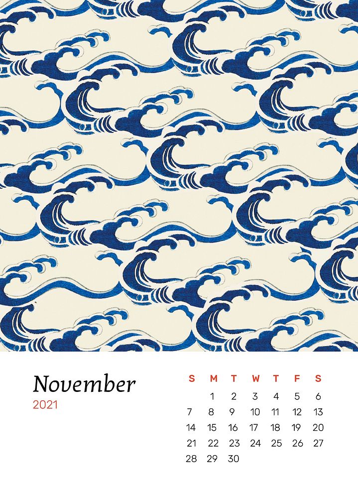 November 2021 calendar printable psd with Japanese wave pattern remix artwork by Watanabe Seitei