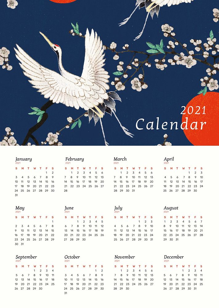 Calendar 2021 yearly printable psd with Japanese crane and sakura artwork remix from original print by Watanabe Seitei