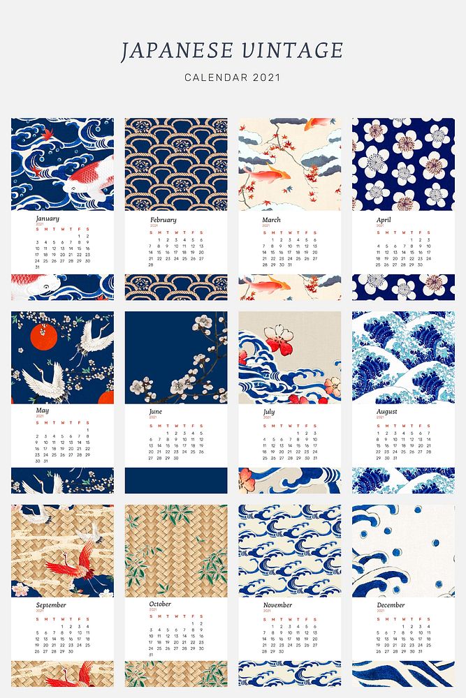 Yearly 2021 calendar printable vector with Japanese vintage artwork remix from original print by Watanabe Seitei