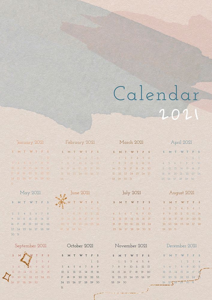 Calendar 2021 yearly editable template vector with abstract watercolor background set