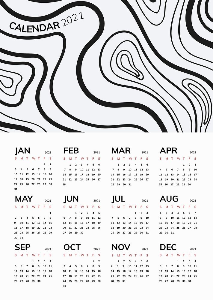Calendar 2021 year editable template psd with black line pattern set