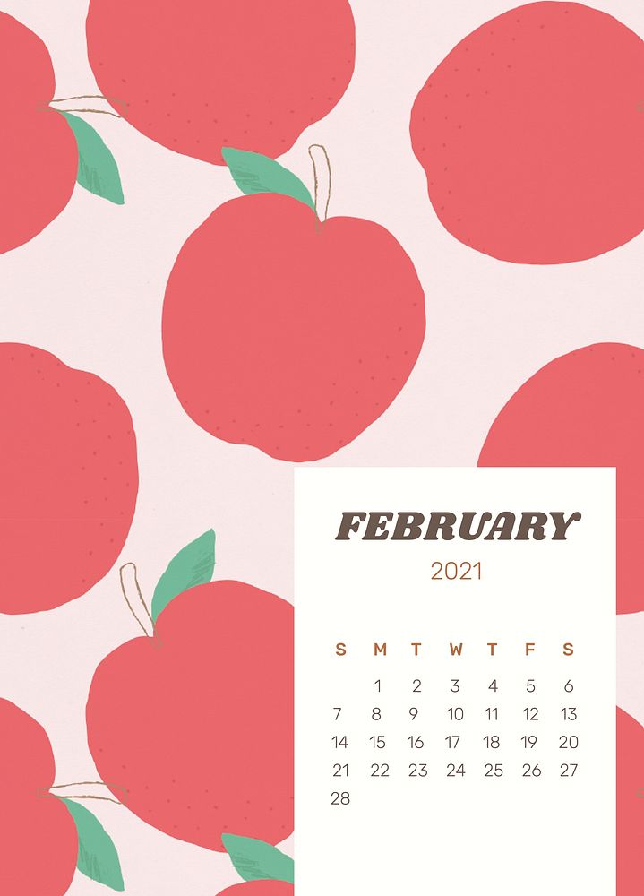 Calendar 2021 February printable psd template cute fruit background