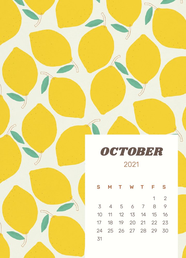 Calendar 2021 October editable poster template psd with cute lemon background