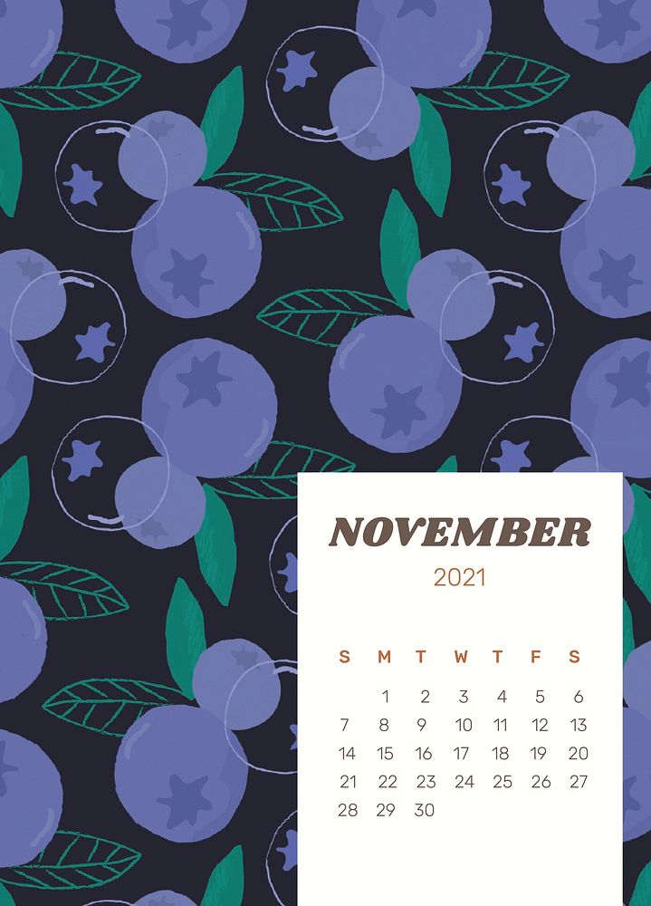 Calendar 2021 November printable with cute psd blueberry background