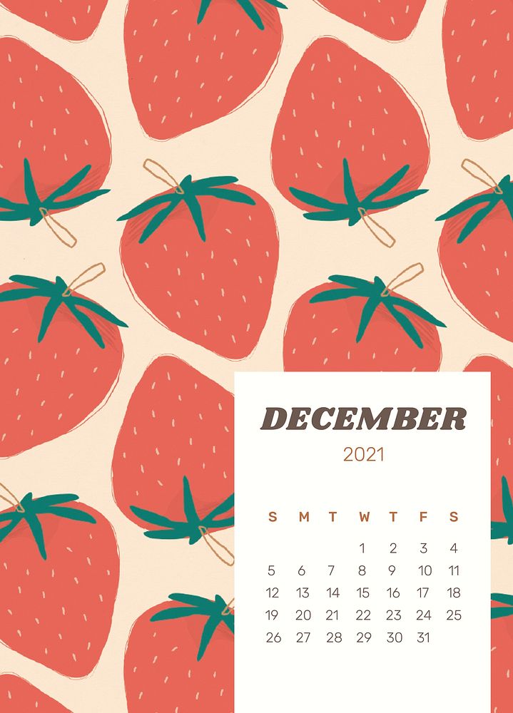 Calendar 2021 December editable poster template psd with cute strawberry background