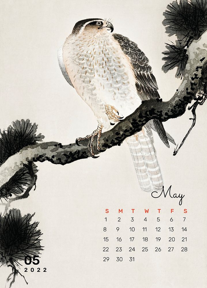 Hawk 2022 May calendar template, editable monthly planner psd. Remix from vintage artwork by Ohara Koson