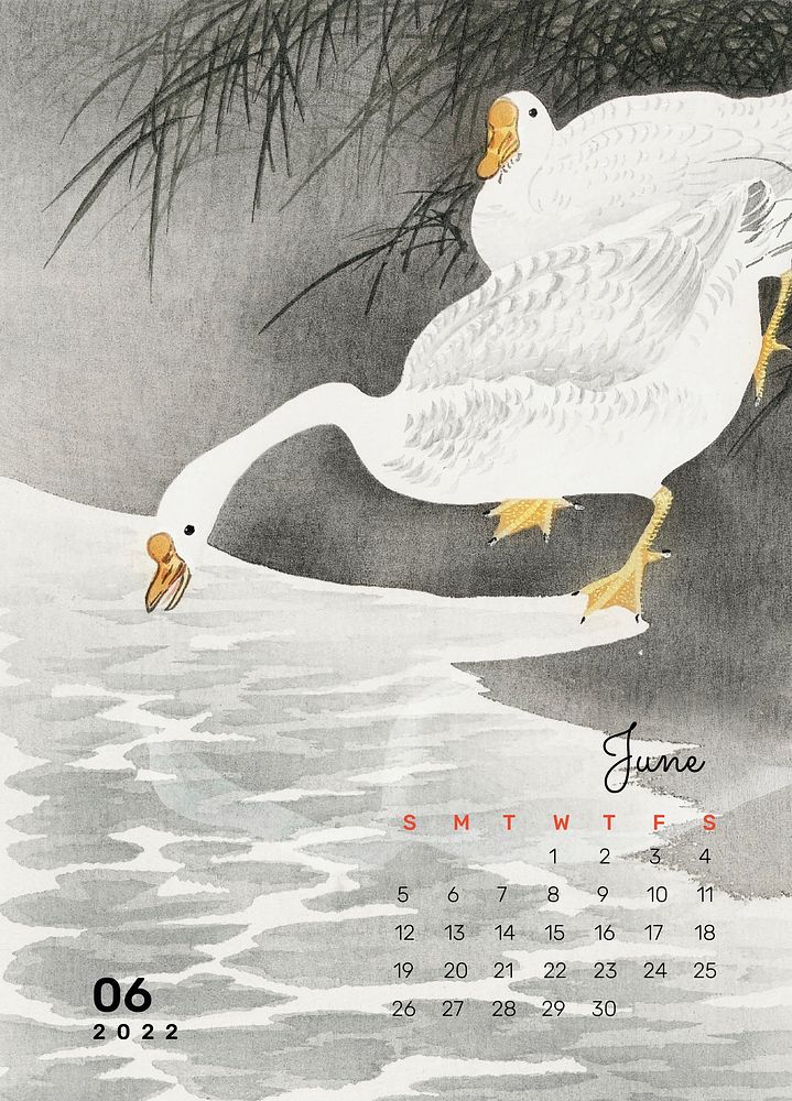 Japanese 2022 June calendar template, editable planner psd. Remix from vintage artwork by Ohara Koson