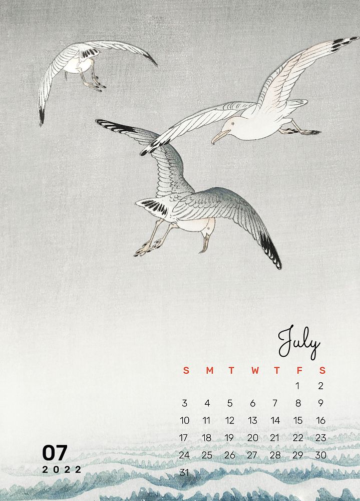 2022 July calendar template, printable monthly Japanese design psd. Remix from vintage artwork by Ohara Koson