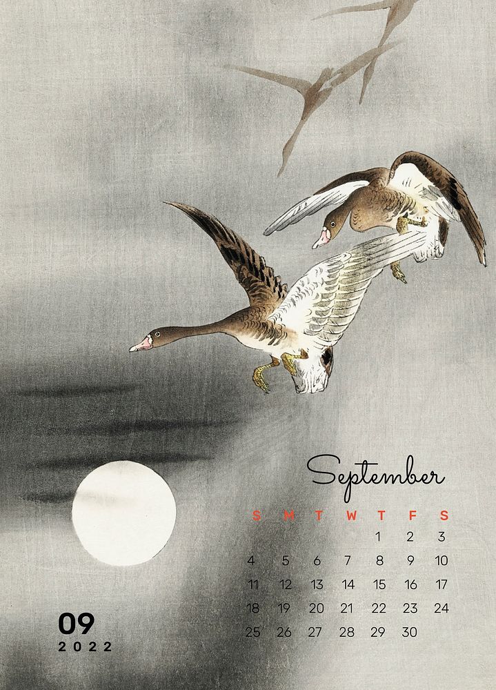 2022 September calendar template, Japanese monthly planner psd. Remix from vintage artwork by Ohara Koson