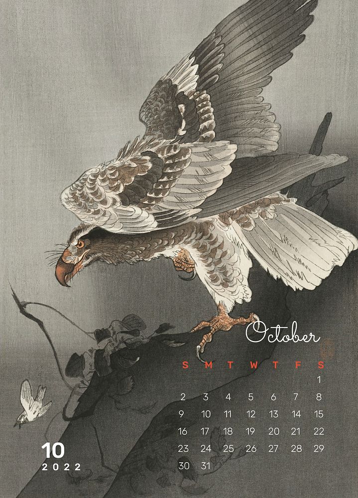Bird 2022 October calendar template, monthly planner psd. Remix from vintage artwork by Ohara Koson