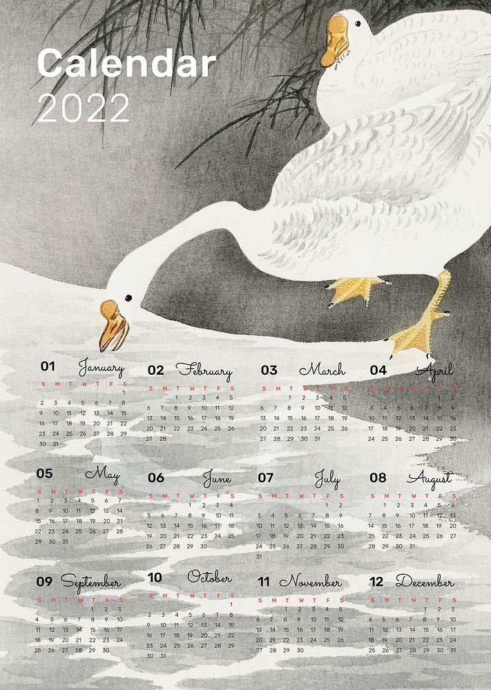 Bird 2022 monthly calendar, vintage painting. Remix from vintage artwork by Ohara Koson