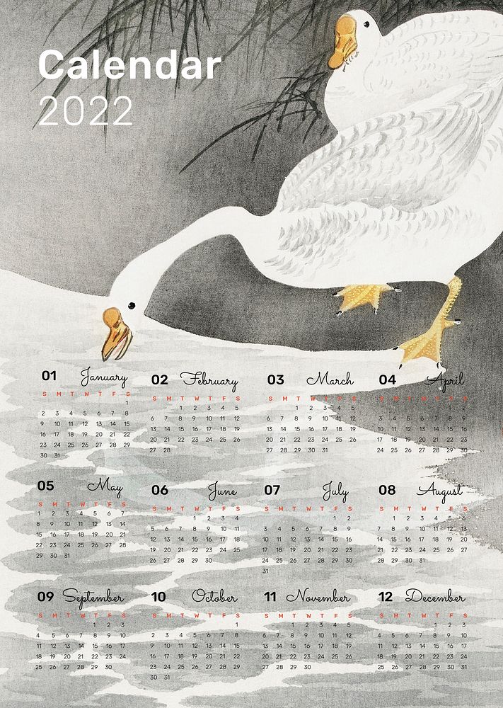 Vintage bird 2022 monthly calendar template psd, Japanese illustration. Remix from vintage artwork by Ohara Koson