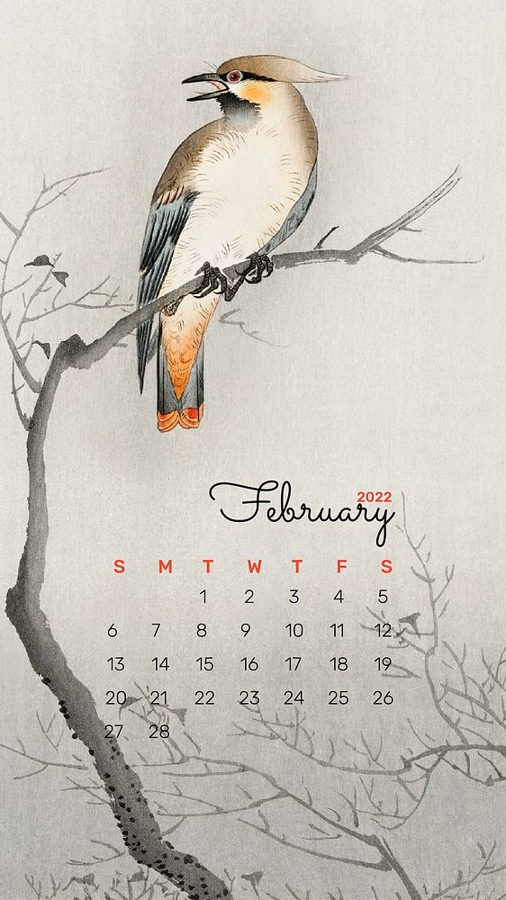 Bird February 2022 calendar template, monthly planner, mobile wallpaper vector. Remix from vintage artwork by Ohara Koson