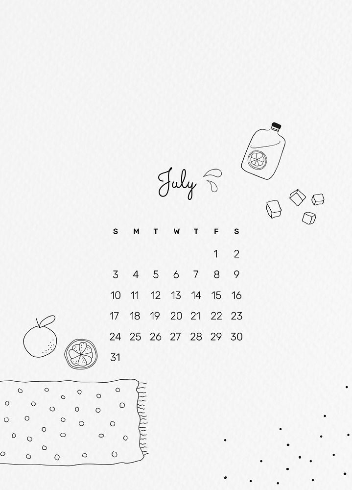 Doodle 2022 July calendar template, printable monthly design psd