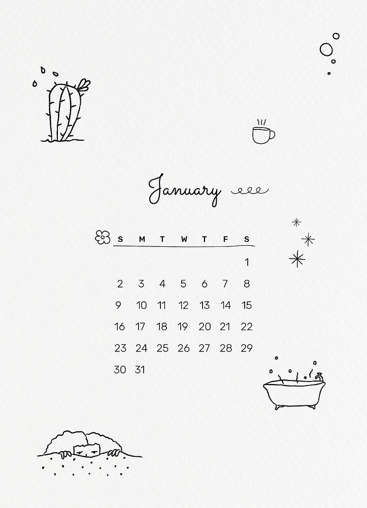Cute January 2022 calendar template, editable monthly planner vector, doodle style