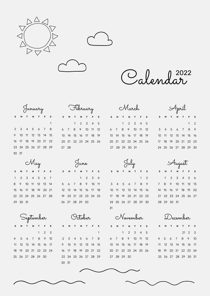 Cute 2022 monthly calendar template psd, minimal doodle illustration