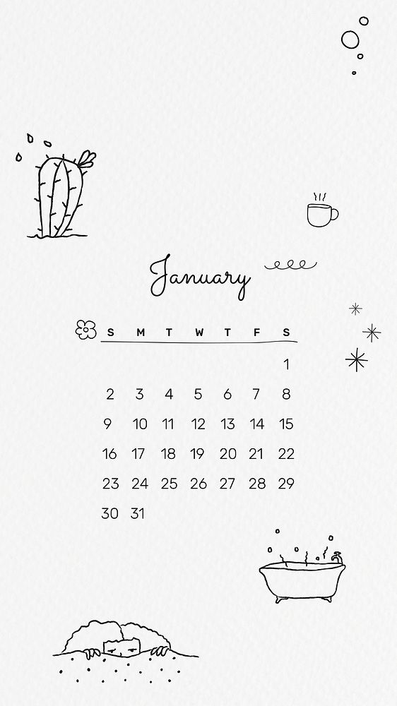 Cute January 2022 calendar, phone wallpaper, monthly planner
