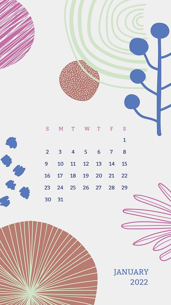 Flower January 2022 calendar, phone wallpaper, monthly planner