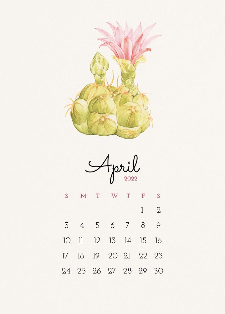 Cactus 2022 April calendar template, monthly planner psd