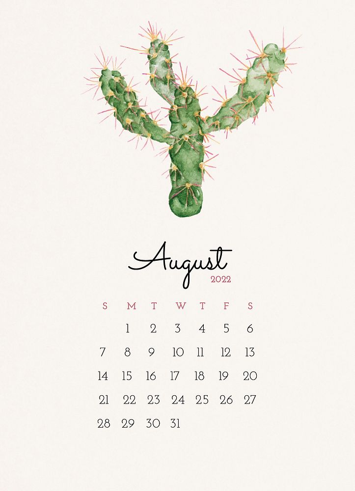 Cactus 2022 August calendar template, monthly planner editable vector