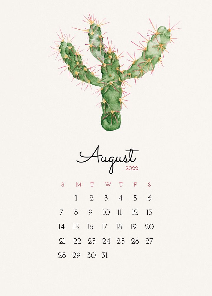 Cactus 2022 August calendar template, monthly planner printable psd