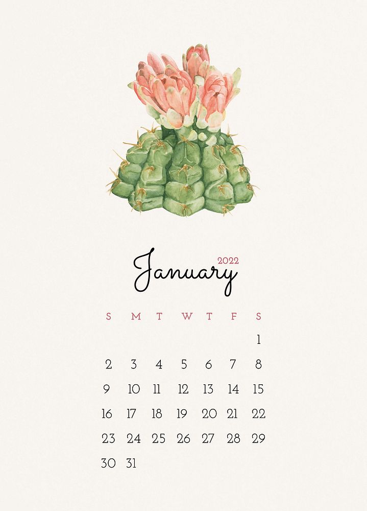 Cactus January 2022 calendar template, editable monthly planner psd