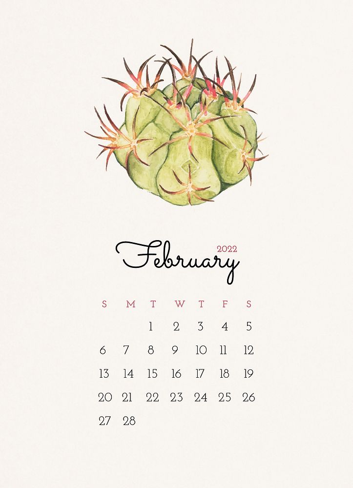 Cactus February 2022 calendar template, editable monthly planner vector