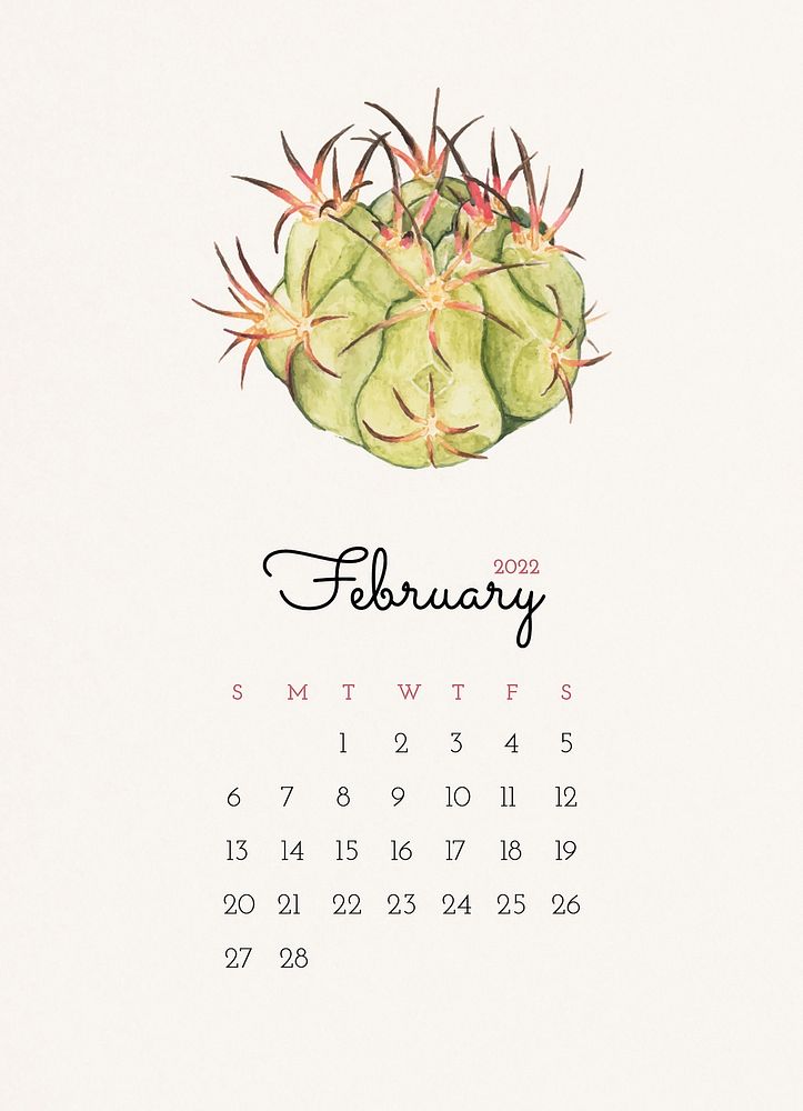 Cactus February 2022 calendar, monthly planner