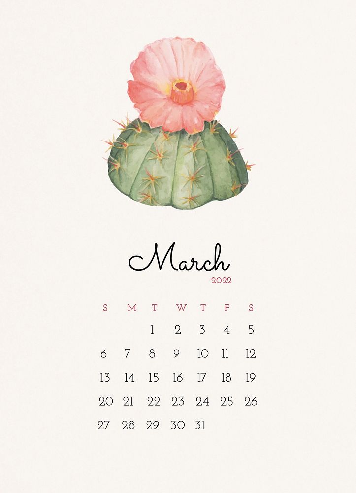 Botanical 2022 March calendar template, monthly planner psd