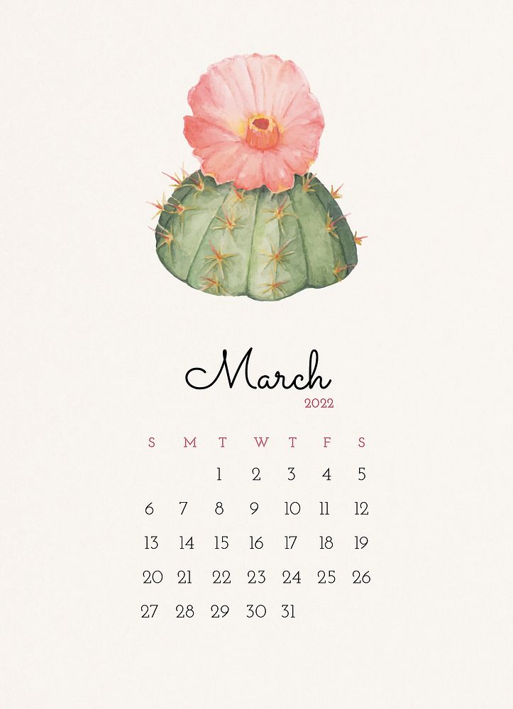Cactus March 2022 monthly calendar, printable planner, watercolor illustration