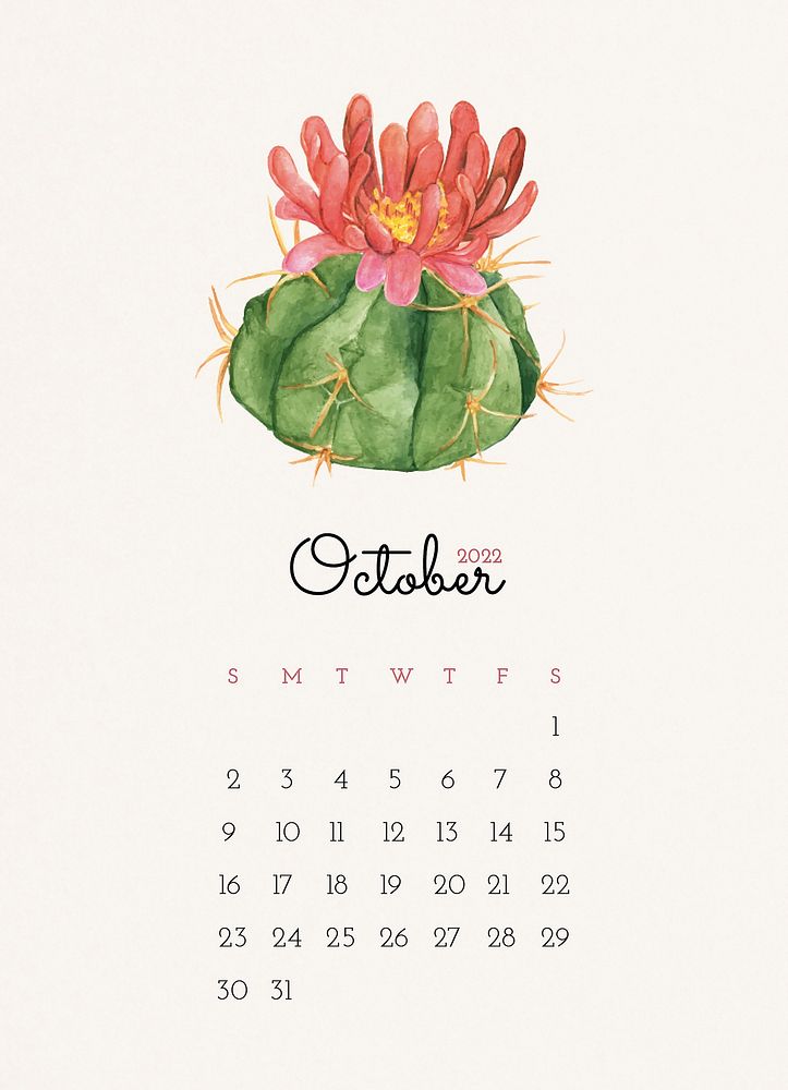 Cactus October 2022 monthly calendar, printable planner, watercolor illustration