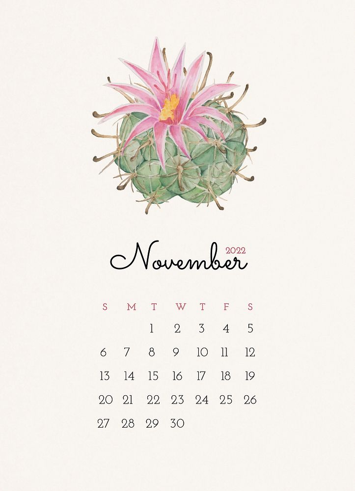 Cactus November 2022 calendar template, editable monthly planner vector