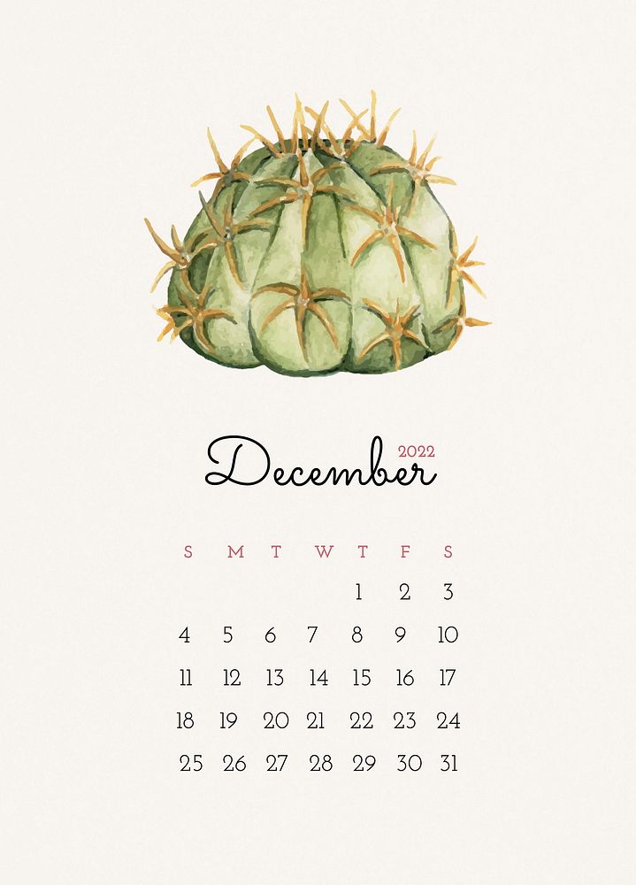 Cactus December 2022 calendar template psd, editable monthly planner