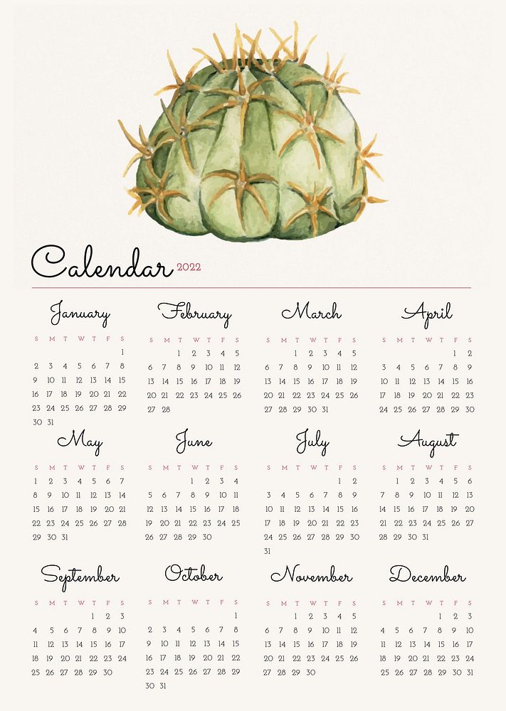 Cactus 2022 monthly calendar template psd, botanical watercolor illustration