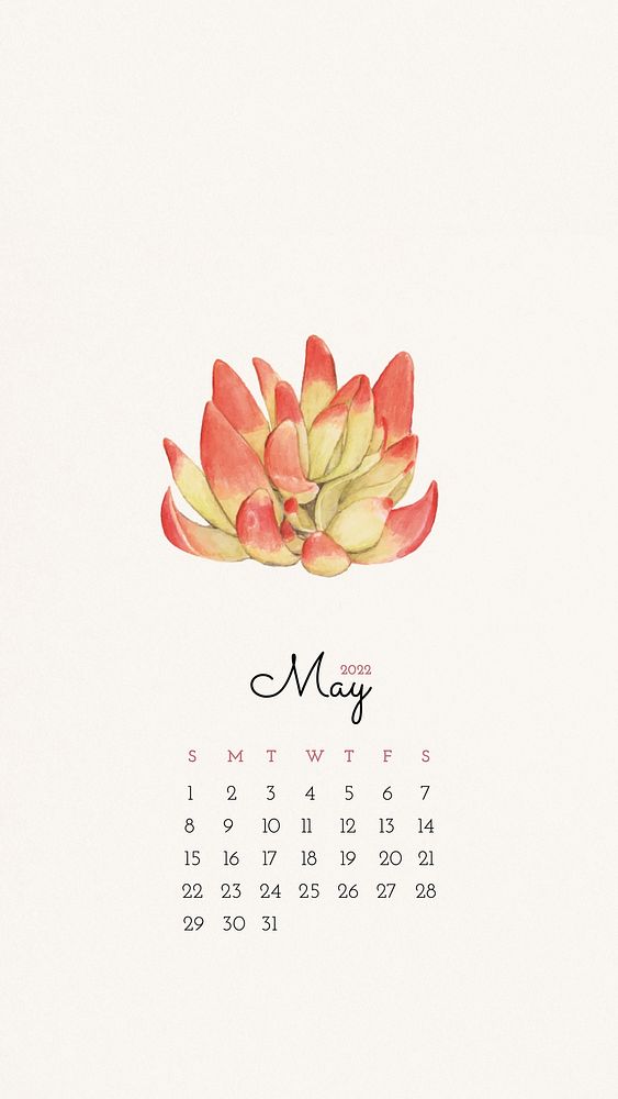 Cactus May 2022 monthly calendar, watercolor illustration