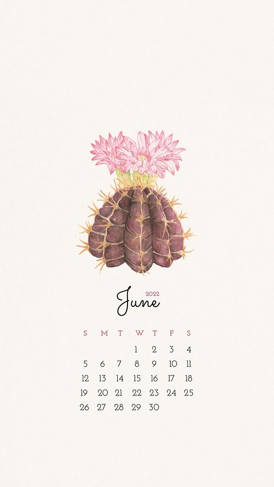 Cactus June 2022 monthly calendar, watercolor illustration
