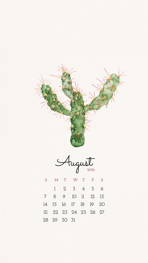 Cactus August 2022 monthly calendar, watercolor illustration
