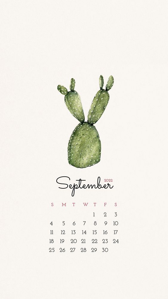 Cactus September 2022 monthly calendar, watercolor illustration