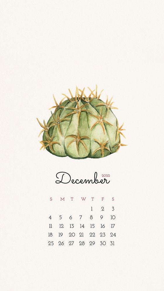 Cactus December 2022 calendar, monthly planner, iPhone wallpaper