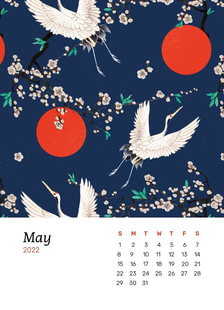 Japanese 2022 May calendar, printable aesthetic monthly planner. Remix from vintage artwork by Watanabe Seitei