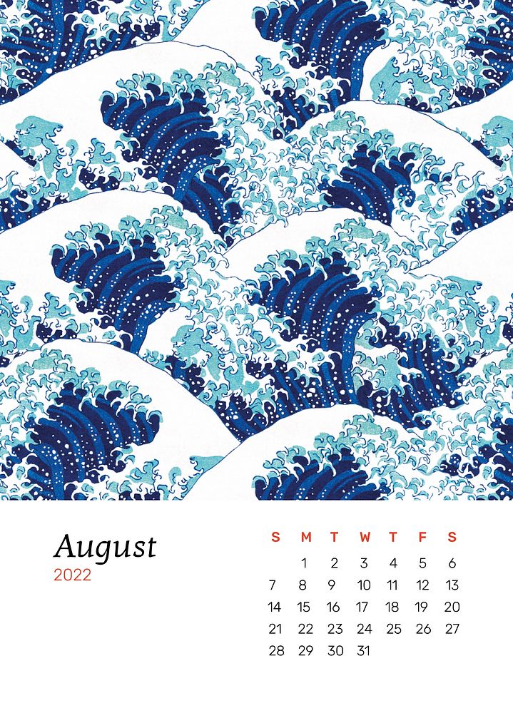2022 August calendar template, Japanese monthly planner printable psd. Remix from vintage artwork by Hokusai