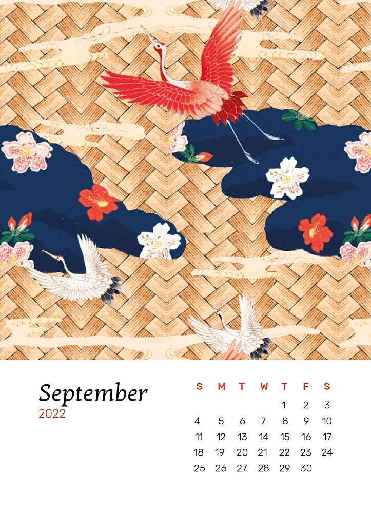 Japanese 2022 September calendar, printable monthly planner. Remix from vintage artwork by Watanabe Seitei