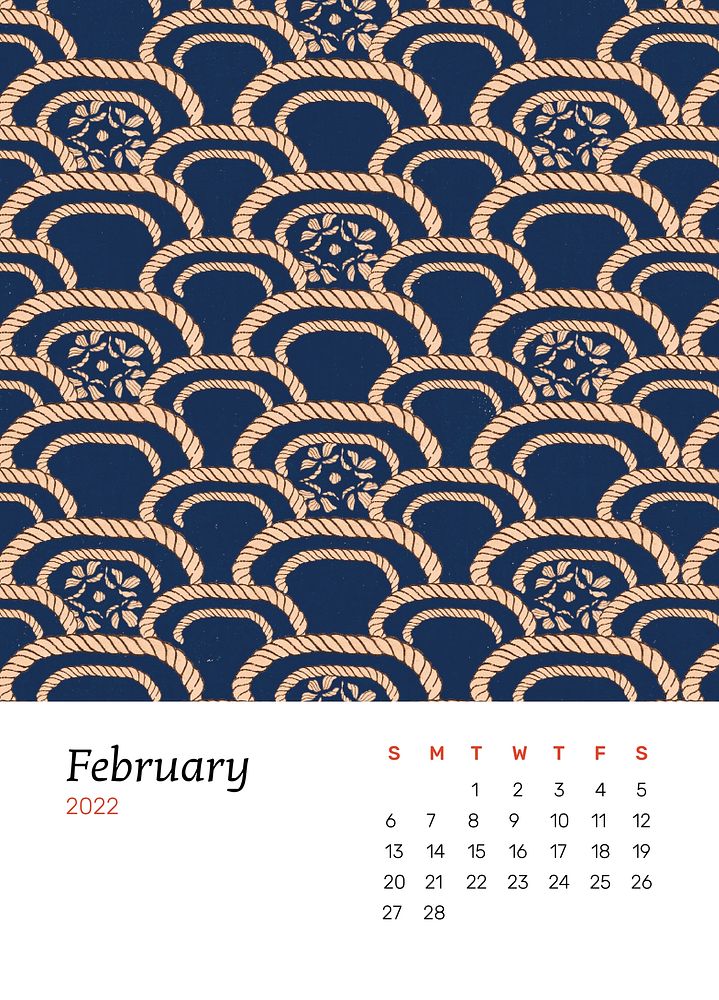 Blue February 2022 calendar template, editable monthly planner psd. Remix from vintage artwork by Watanabe Seitei