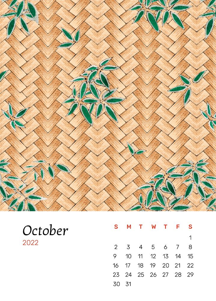 Bamboo 2022 October calendar template, monthly planner psd. Remix from vintage artwork by Watanabe Seitei