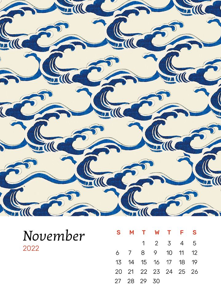 Wave November 2022 calendar template, editable monthly planner psd. Remix from vintage artwork by Watanabe Seitei