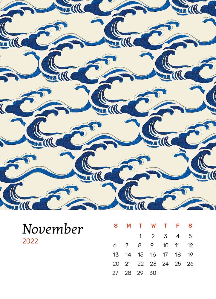 Wave November 2022 calendar, monthly planner. Remix from vintage artwork by Watanabe Seitei